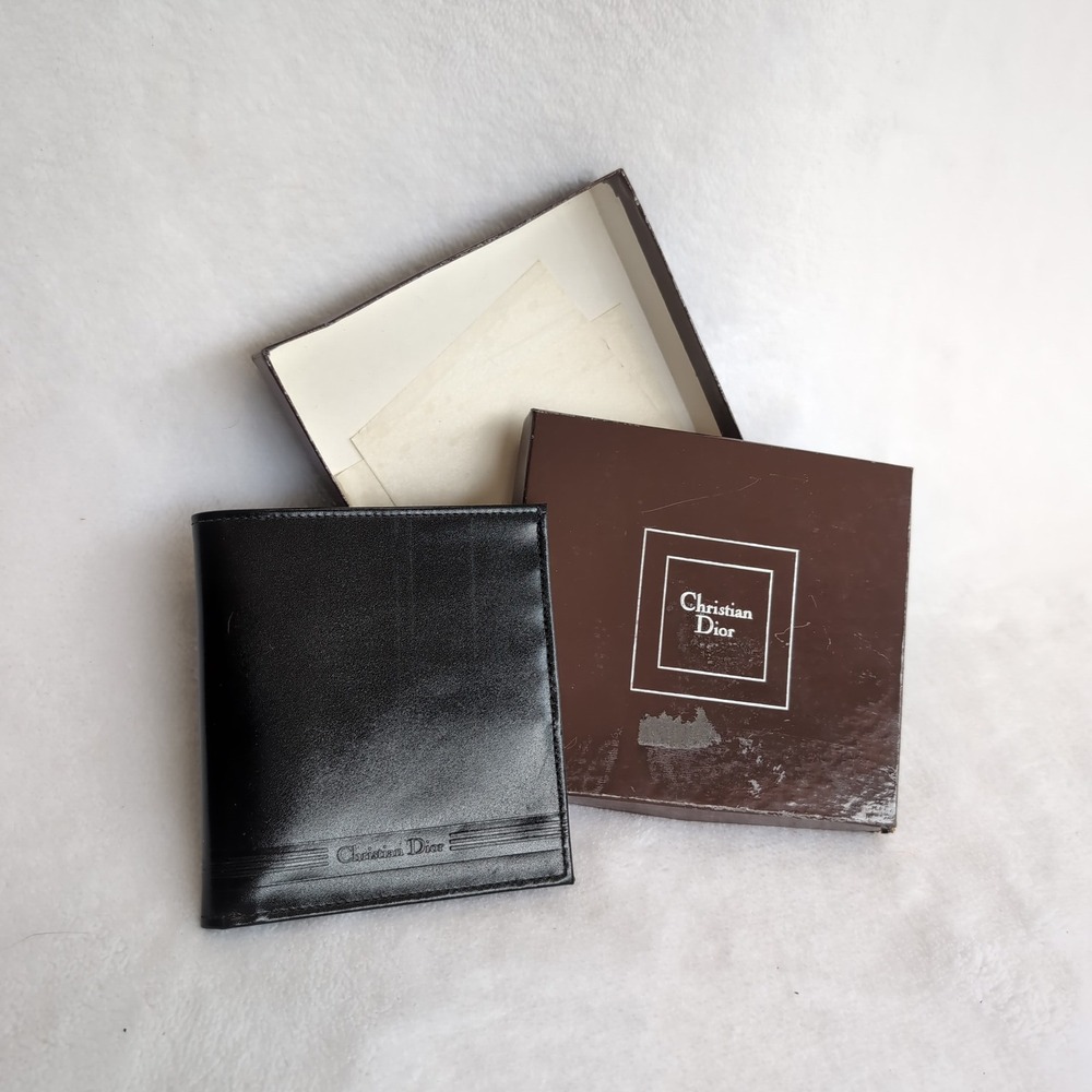 Vintage Christian Dior Leather Bifold Wallet Paris New York Black Card ID Holder